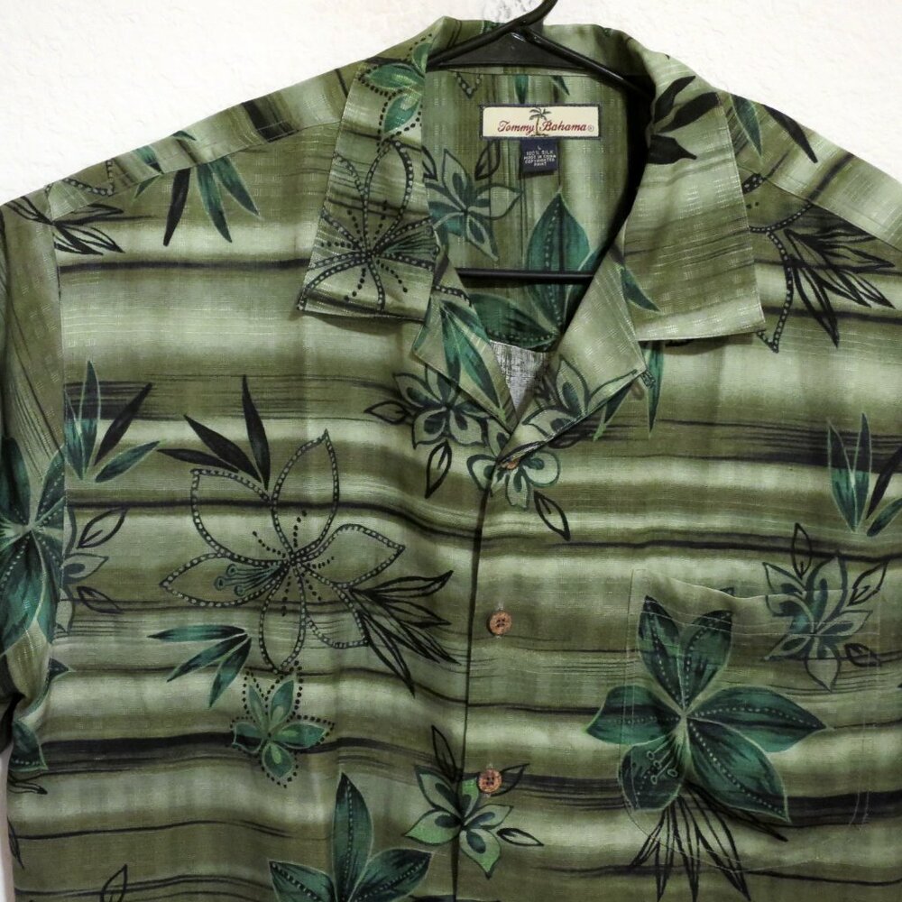 Tommy Bahama Shirt Mens Large Short Sleeve Button Silk Green Tropical Plants